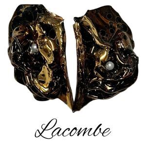Vintage Lacombe 1980 Women's Iridescent Ceramic Lock Back Earrings Gold Black